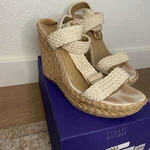 Stuart Weitzman Cream Braided Espadrille Wedge Sandals